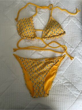 Rhode x Target yellow bikini set with print, rope straps, size M